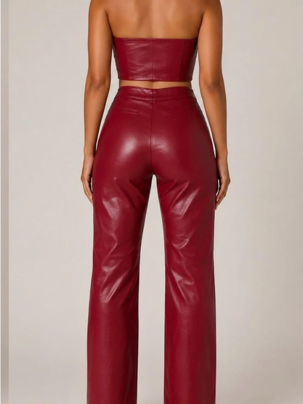 Fashion Nova Deep Burgundy Faux Leather Wide-Leg Pant Set with Zippered Halter